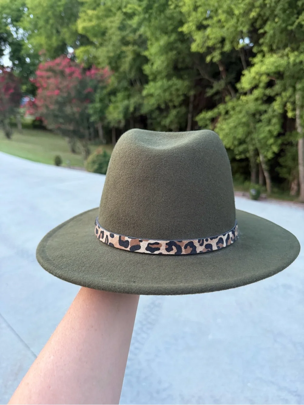 Olive Felt Fedora Hat with Leopard Accent Band